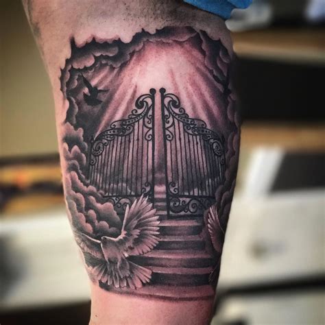 Dove tattoo designs can represent peace, love, freedom, hope, faith, romance or whatever a dove symbolizes to you personally. Heavens gates with doves and clouds on the inner arm ...