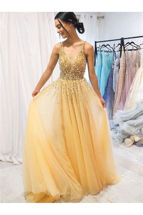A Line Beaded Tulle Long Prom Dresses Formal Evening Gowns 6011250