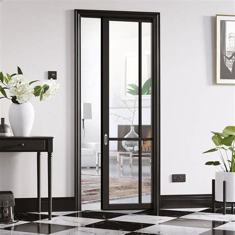 Liberty 4 Pane Black Primed Single Evokit Pocket Door Clear Glass