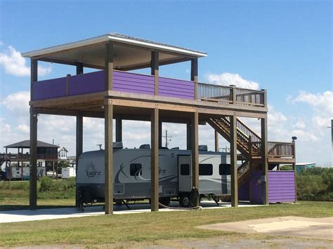 Beach RV Port With Outdoor Shower House On Stilts Rv Carports Carport Designs