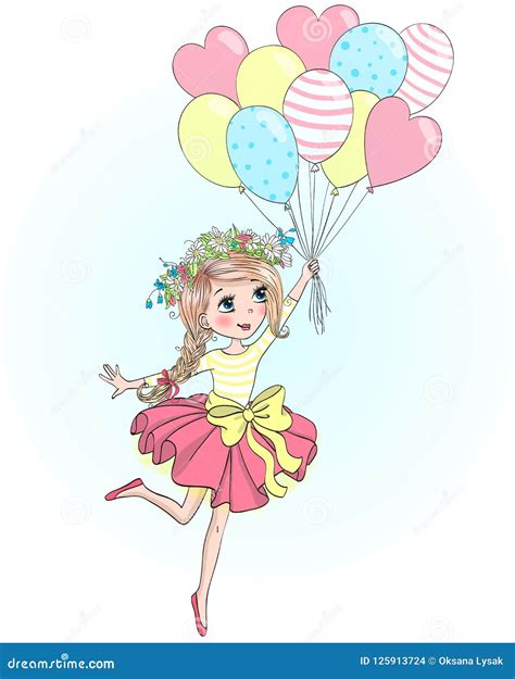 Hand Drawn Beautiful Cute Little Girl Is Flying On Balloons Stock