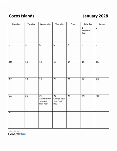 Free Printable January 2028 Calendar For Cocos Islands