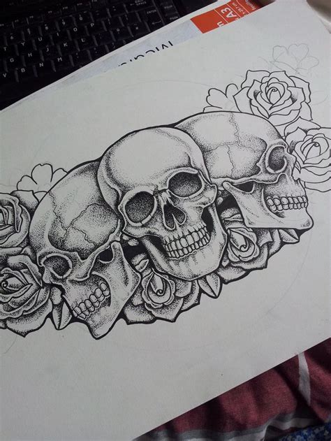 Minus The Center Skull Two Outside Skulls Facing Each Other And A Few More Red Roses And This
