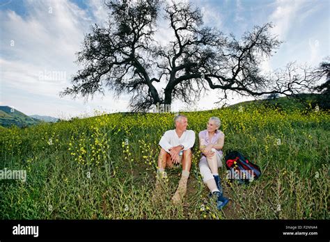 Caucasian Couple Sitting In Tall Grass Stock Photo Alamy