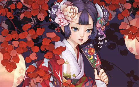 Wallpaper Illustration Flowers Anime Kimono Art Flower Girl