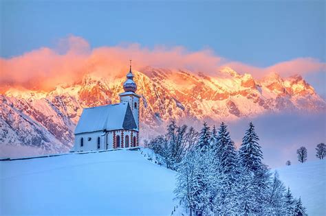 Hd Wallpaper Winter Forest Snow Mountains Hill Church Chapel