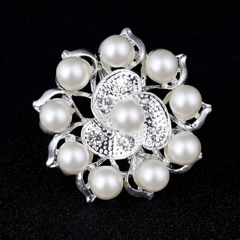 Silver Plated Brooch Small Round Flower Rhinestone Imitation Pearls