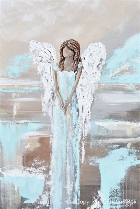 Angel Painting Art Guardian Angels Home Decor Light Blue Grey Wall Art