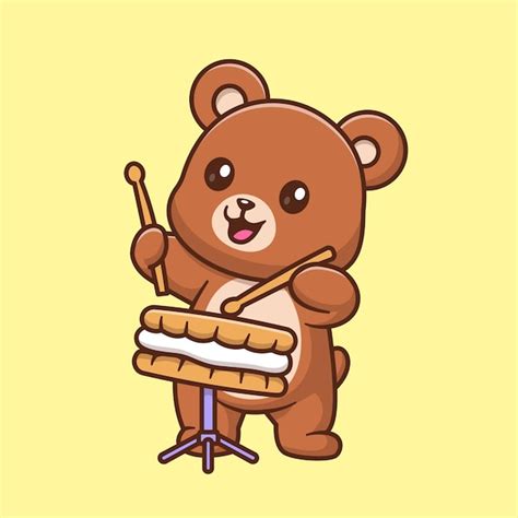 Premium Vector Cute Bear Playing Biscuit Drum Cartoon Vector Icon
