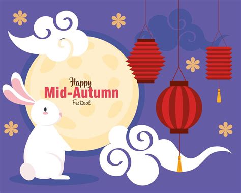 Chinese Mid Autumn Festival With Full Moon Rabbit And Decoration