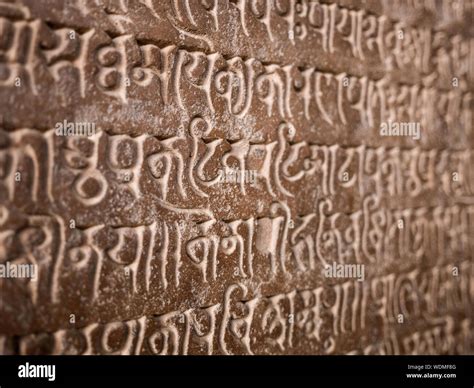 Detail Of Ancient Writing On Stone Tablet At The Khajuraho Group Of