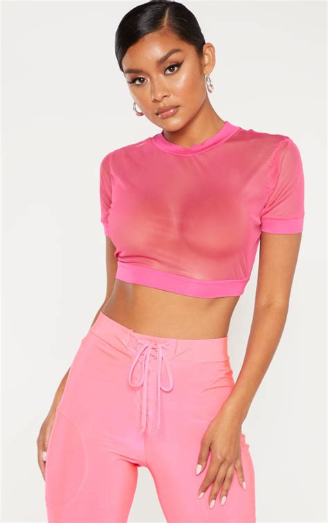 Hot Pink Sheer Mesh Short Sleeve Crop Top Prettylittlething Uae