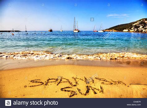 There, they find love, friendship, and thieves. Spanish sun Spain words in sand written on beach holiday ...