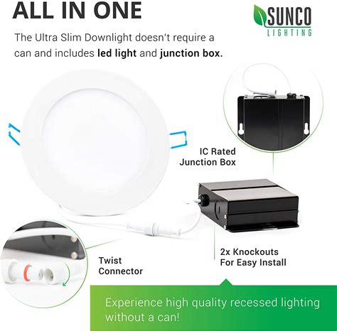 Sunco Lighting 4 Pack 6 Inch Slim Led Downlight With Junction Box 14w