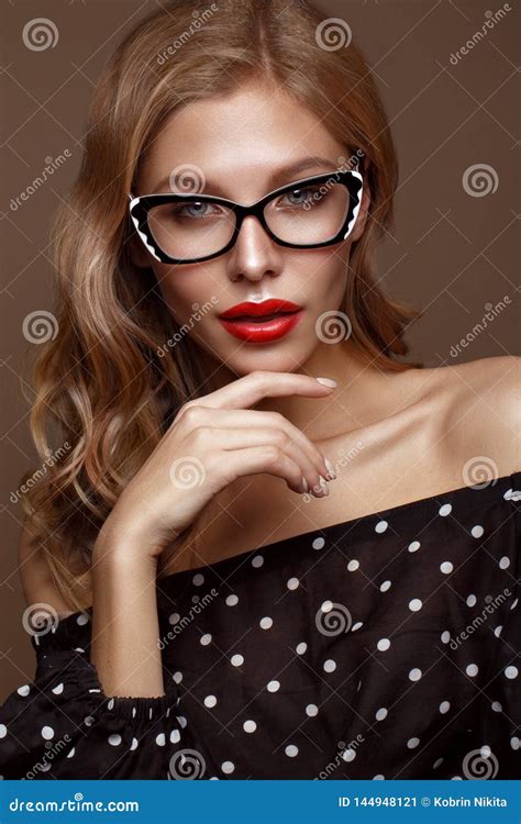 Beautiful Girl In Stylish Clothes With Glasses For Vision And Red Lips