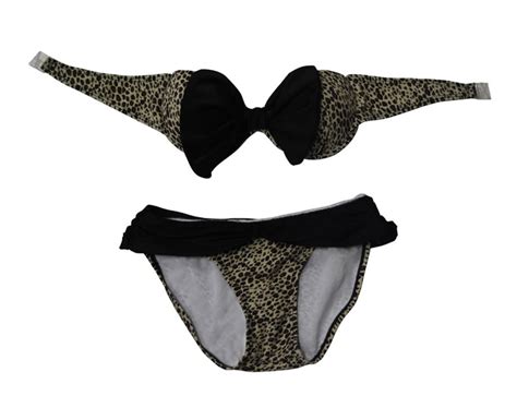 Women S Sexy Strapless Leopard Print With Big Bow Bikini Set Bk