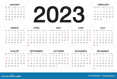 Calendar 2023 Week Starts From Sunday Business Template Stock Vector