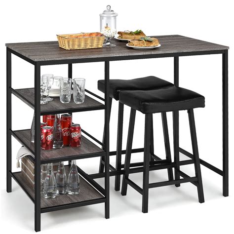 Costway 3 Piece Counter Height Dining Bar Table Set W 2 Stoolsand3 Storage Shelves
