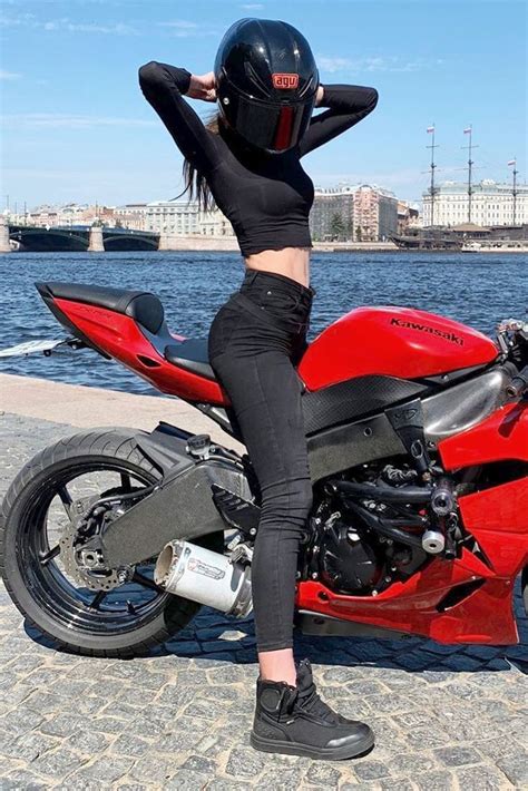 Super Hot Biker Girl In A Cool Agv Helmet Sitting On Her Kawasaki Ninja