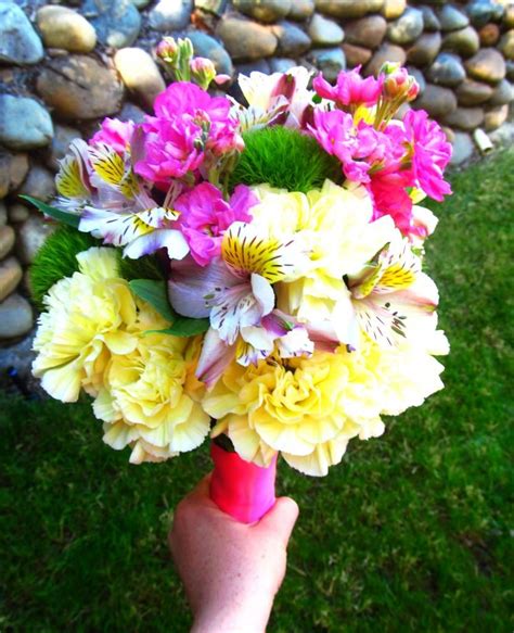 Yellow Pink And Green Hand Tied Bouquet Perfect For An Outdoor Spring
