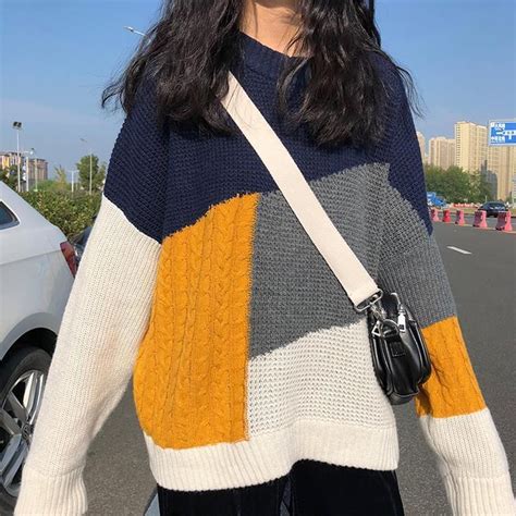 Color Block Vintage Oversized Knitted Pullover Sweater Colorblock