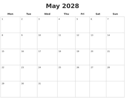 May 2028 Blank Calendar Pages
