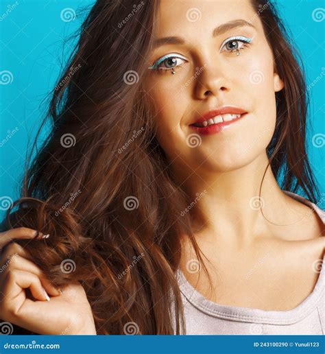 Young Pretty Adorable Brunette Woman With Curly Hair Closeup Like Doll