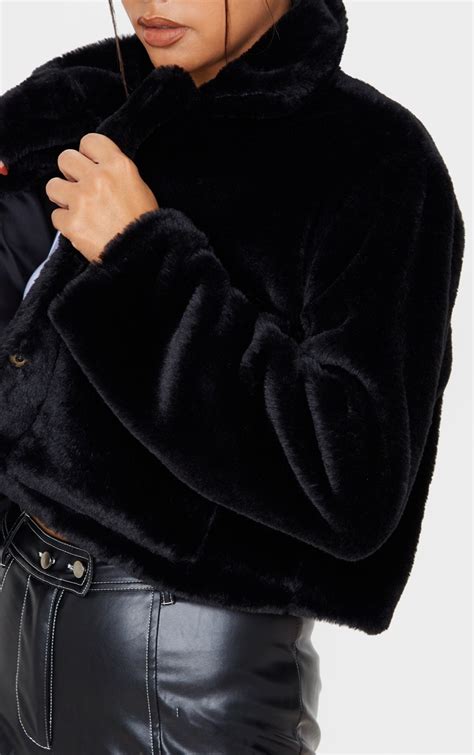 black faux fur cropped pocket jacket prettylittlething ca