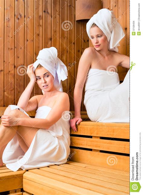 Two Women In Wellness Spa Enjoying Sauna Infusion Stock Photo Image Of Chillout Blond