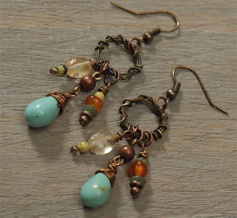 Magnesite Carnelian Mother Earrings Antique Copper Brass Earrings