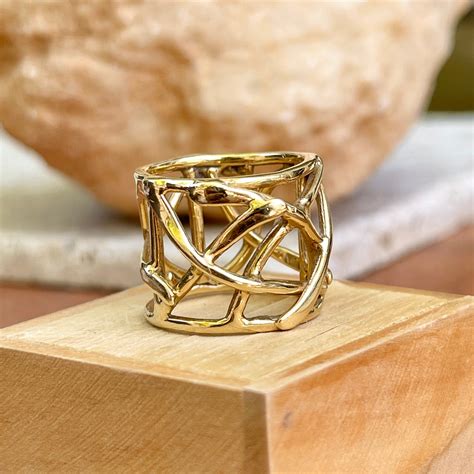 The Sharona 14kt Yellow Gold Wide Artistic Design Cigar Band Ring Lsj