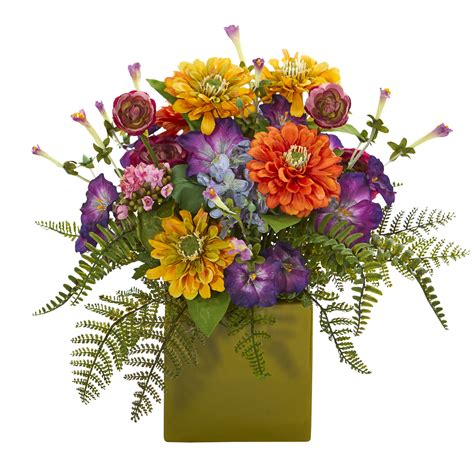Nearly Natural Mixed Floral Artificial Arrangement in Green Vase - Walmart.com - Walmart.com