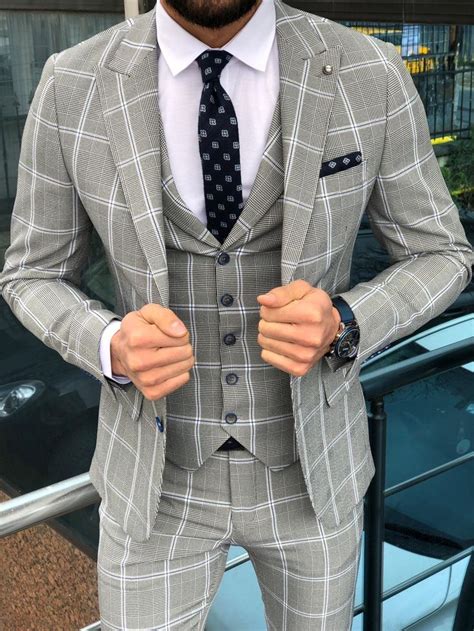 Austin Gray Plaid Slim Fit Suit Plaid Suit Suit Vest Designer Suits