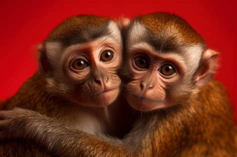 Premium Ai Image Two Monkeys Hugging Each Other On A Red Background