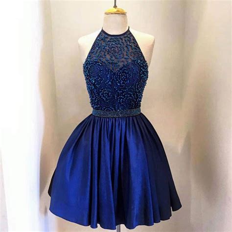Navy Blue Beaded Satin Short Homecoming Dresses For Teens Bohogown