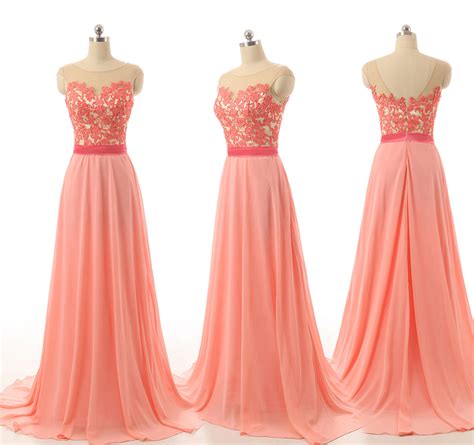 2016 Affordable Simple Cheap Pink Lace Chiffon Prom Dresses Long With