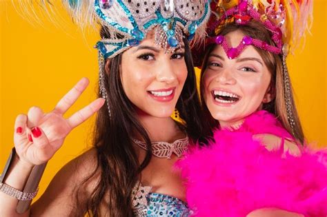 Premium Photo Two Brazilian Female Friends With Queen Clothes From Samba School Carnival