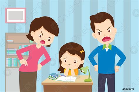 Angry Mother And Father To Daughter So Bad Education Stock Vector