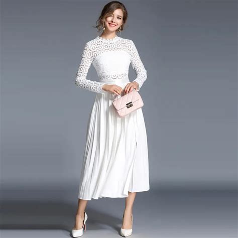 summer white lace spliced women dress sexy female long sleeve o neck elegant casual ankle length