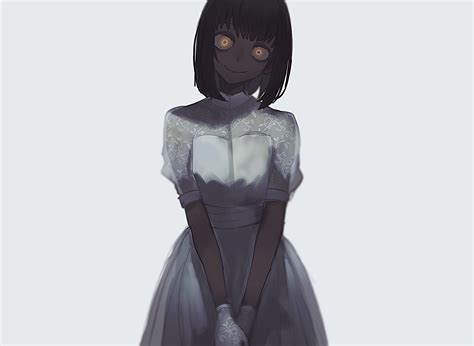 Download 1600x2560 Creepy Anime Girl Short Black Hair White Dress