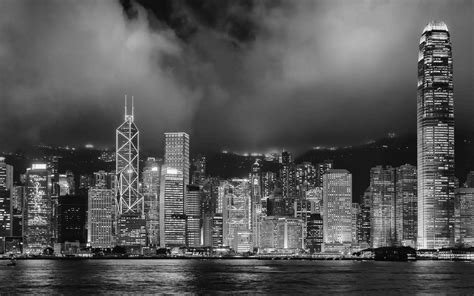 Hong Kong Buildings Skyscrapers Night Bw Black White