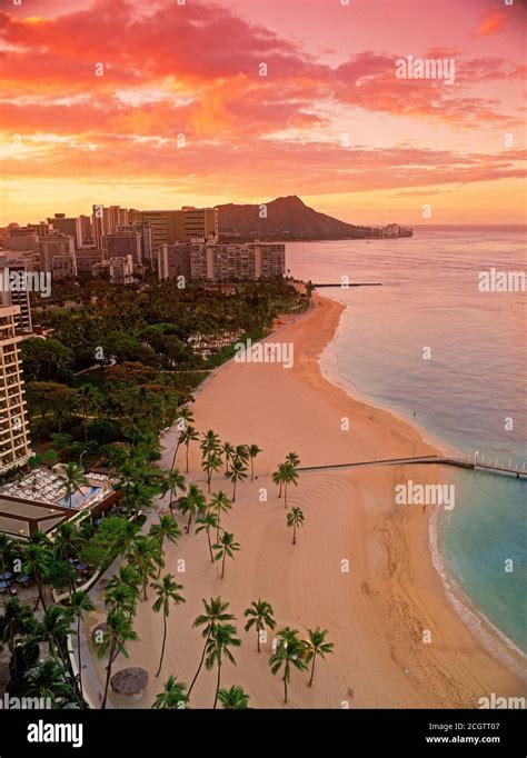 Waikiki Beach And Diamond Head With Beaches Palm Trees And Hotels At