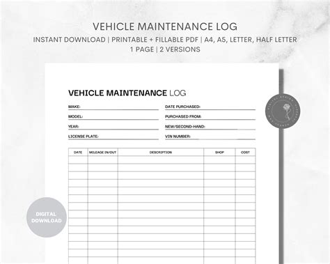 Vehicle Maintenance Log Printable Template For Vehicle Service Tracker