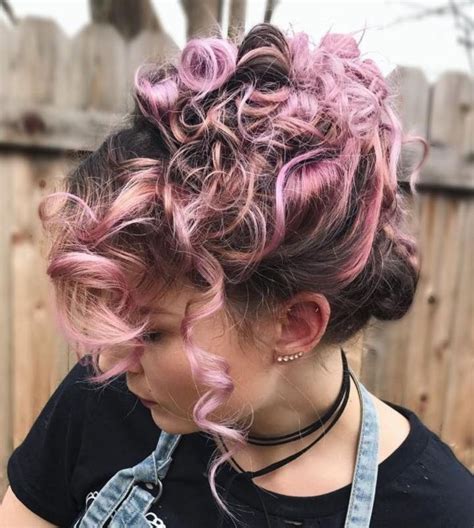 40 Creative Updos For Curly Hair Curly Pink Hair Curly Hair Updo