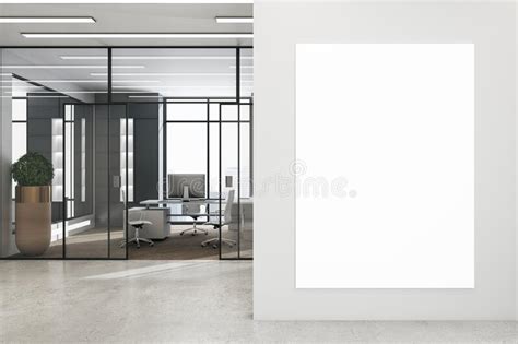 Modern Office Interior With Empty Poster On Concrete Wall Mock Up