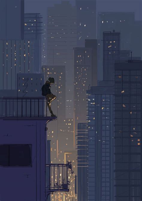Download Sad Boy Anime Night City Lights Wallpaper