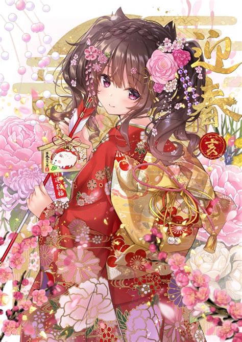 Wallpaper Anime Girl Loli Kimono Flowers Brown Hair