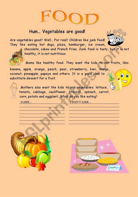 Food Vegetables Are Good Reading For Young Students Esl Worksheet
