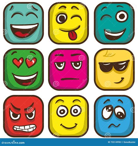 Sistema De Emoticons Coloridos Emoji Cuadrado Plano Ilustración Del