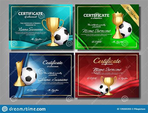 Soccer Game Certificate Diploma With Golden Cup Set Vector Inside